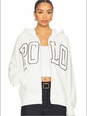 Ralph Lauren White Zip Front Hoodie with Black POLO Lettering